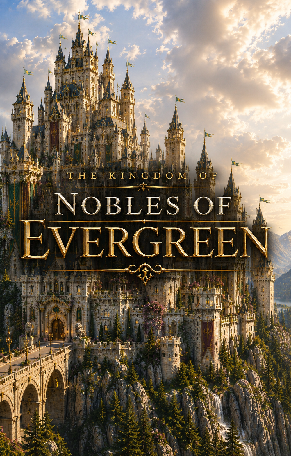 Nobles of Evergreen - the castle of Evergreen crowning a forested ridge above a river valley at golden hour