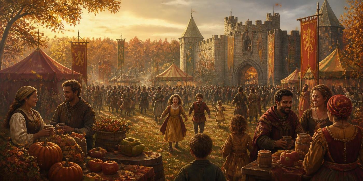 Autumn Proving scene: Autumn fest under copper leaves; cider barrels and lanterns.