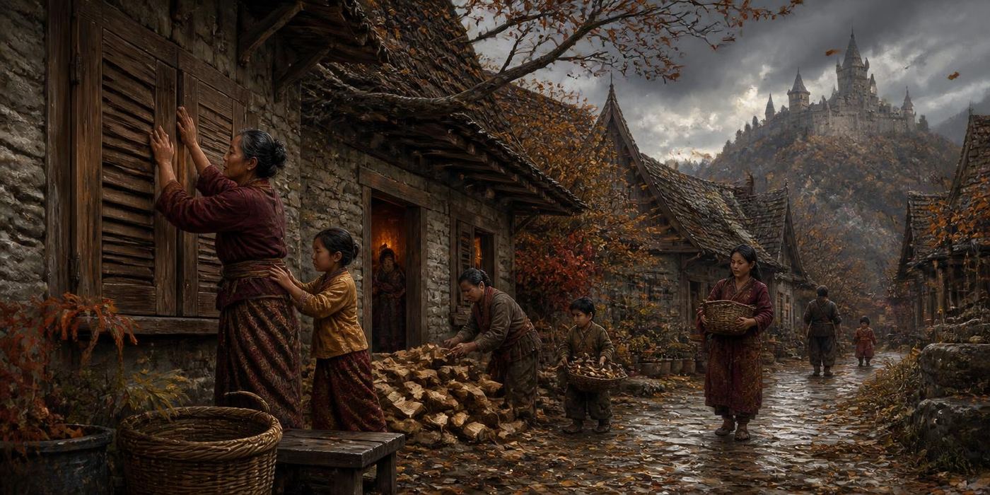 Autumn Proving scene: Stacking firewood and hanging shutters before the cold front.