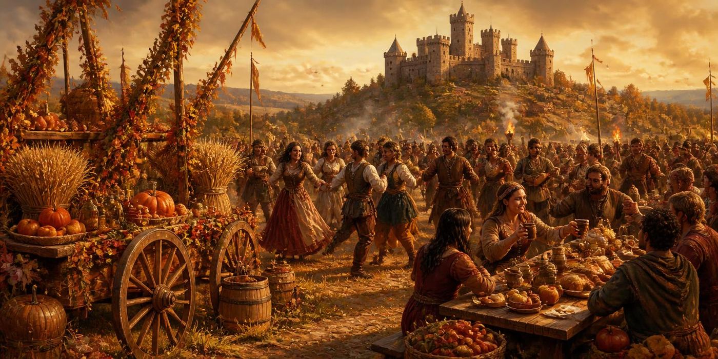 Autumn Proving scene: Harvest festival tables, corn dollies, amber lantern light.
