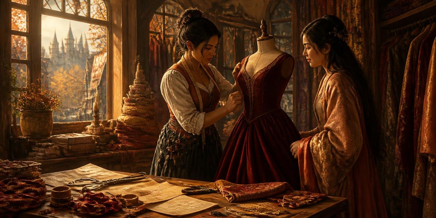 Autumn Proving scene: New dress shop: bolts of cloth, a form, a hung autumn gown.