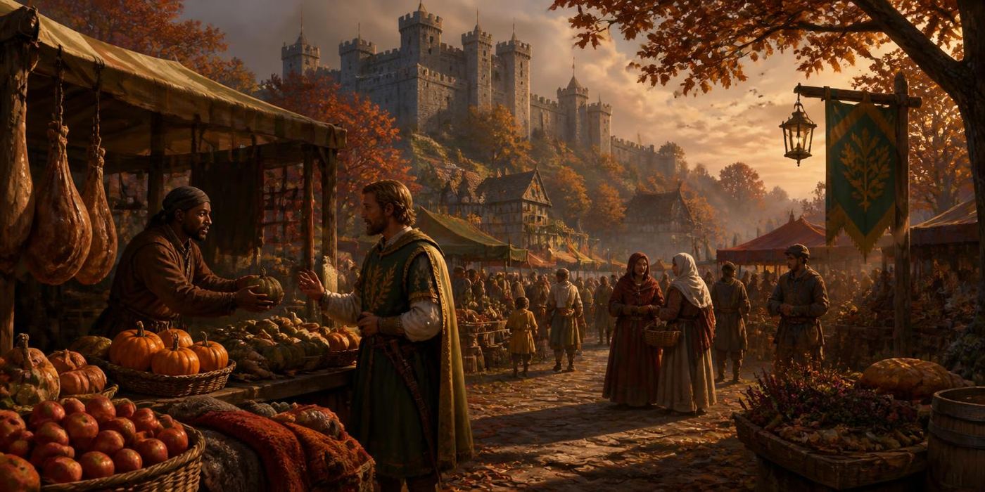 Autumn Proving scene: Autumn market, gourds and grain sacks, castle list in hand.