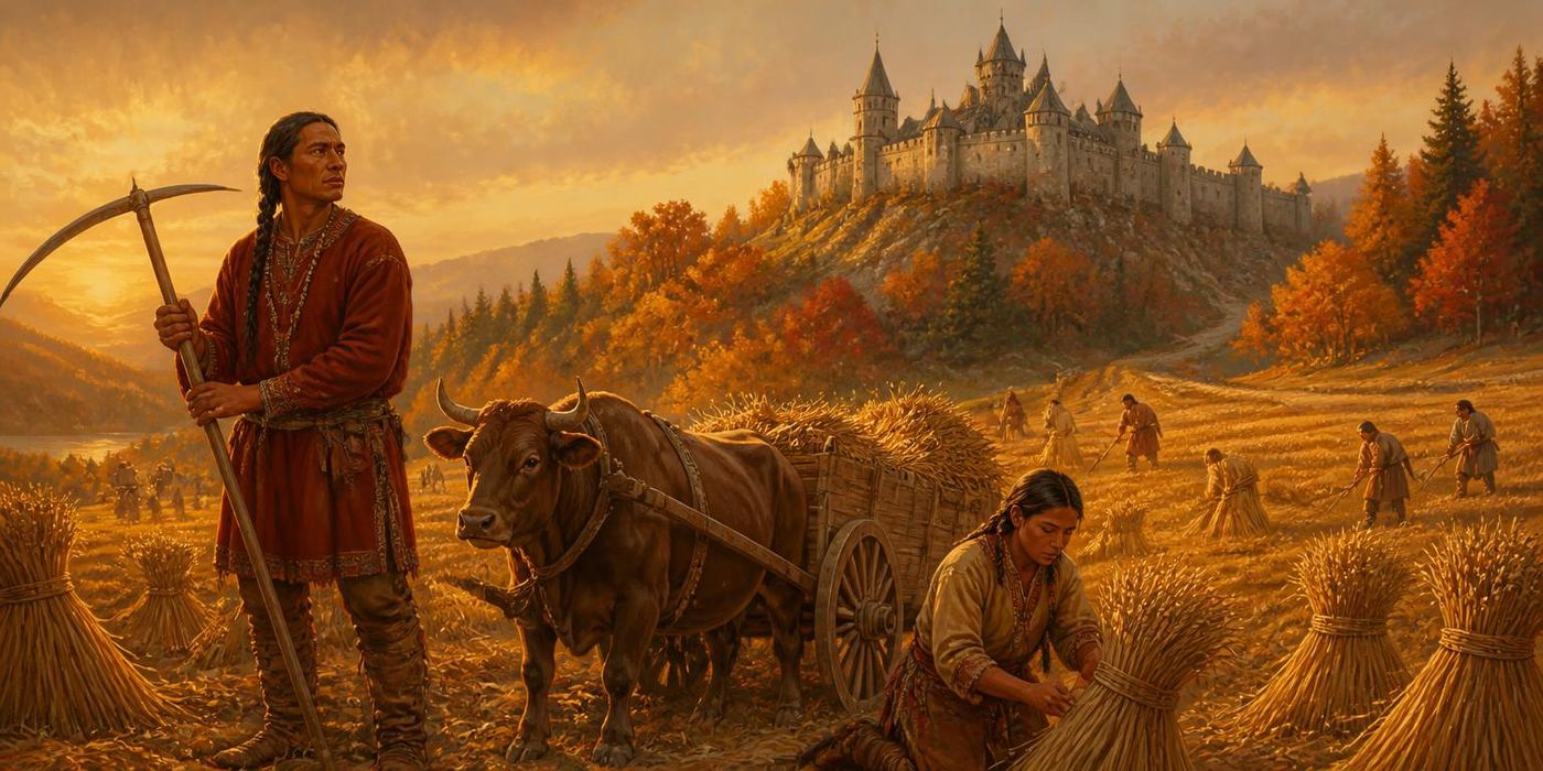 Autumn Proving scene: Wagon heaped with sheaves at golden hour; barn beyond.