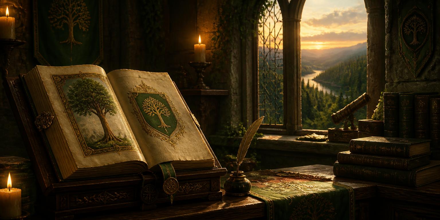 An illuminated chronicle open on a lectern in a candlelit castle scriptorium