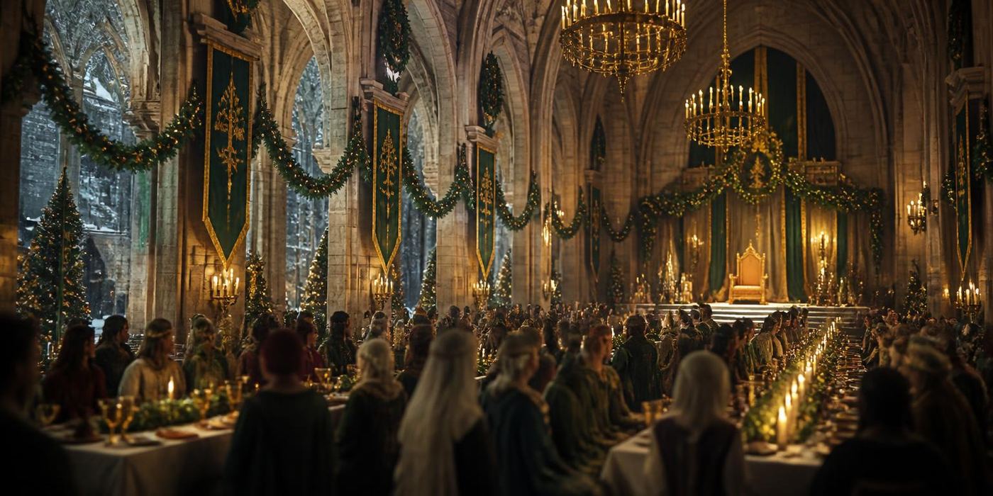 The candlelit great hall of the Evergreen Gala