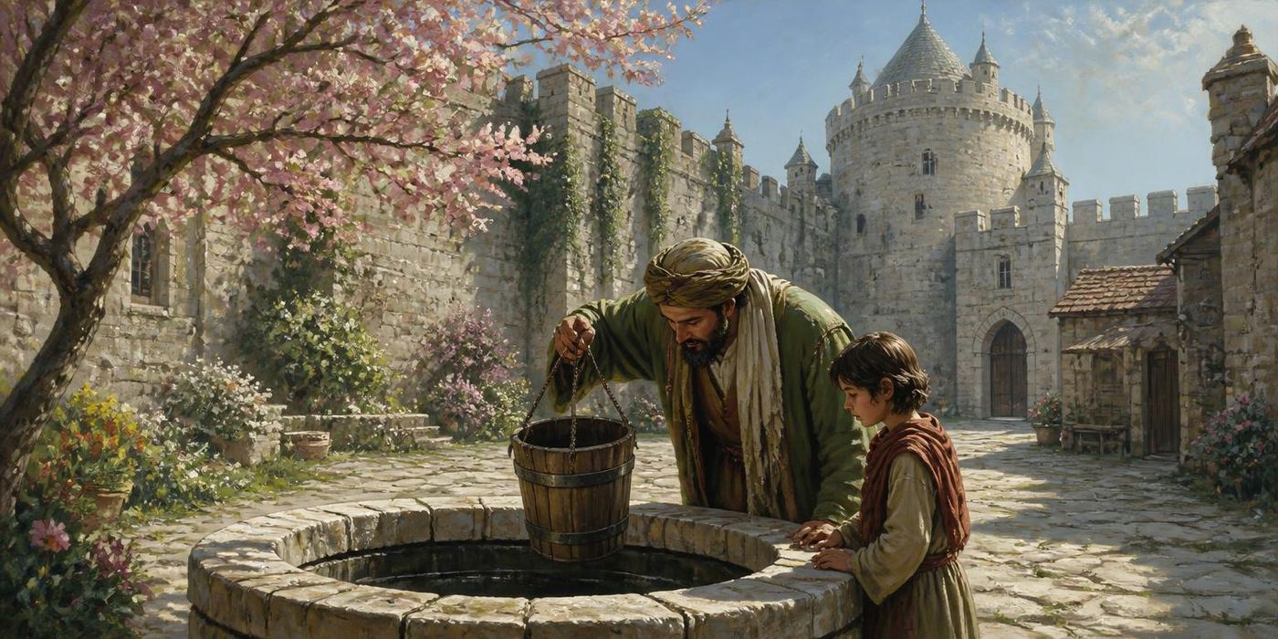 Spring Proving scene: Dry castle well, empty bucket, courtyard stone and moss.