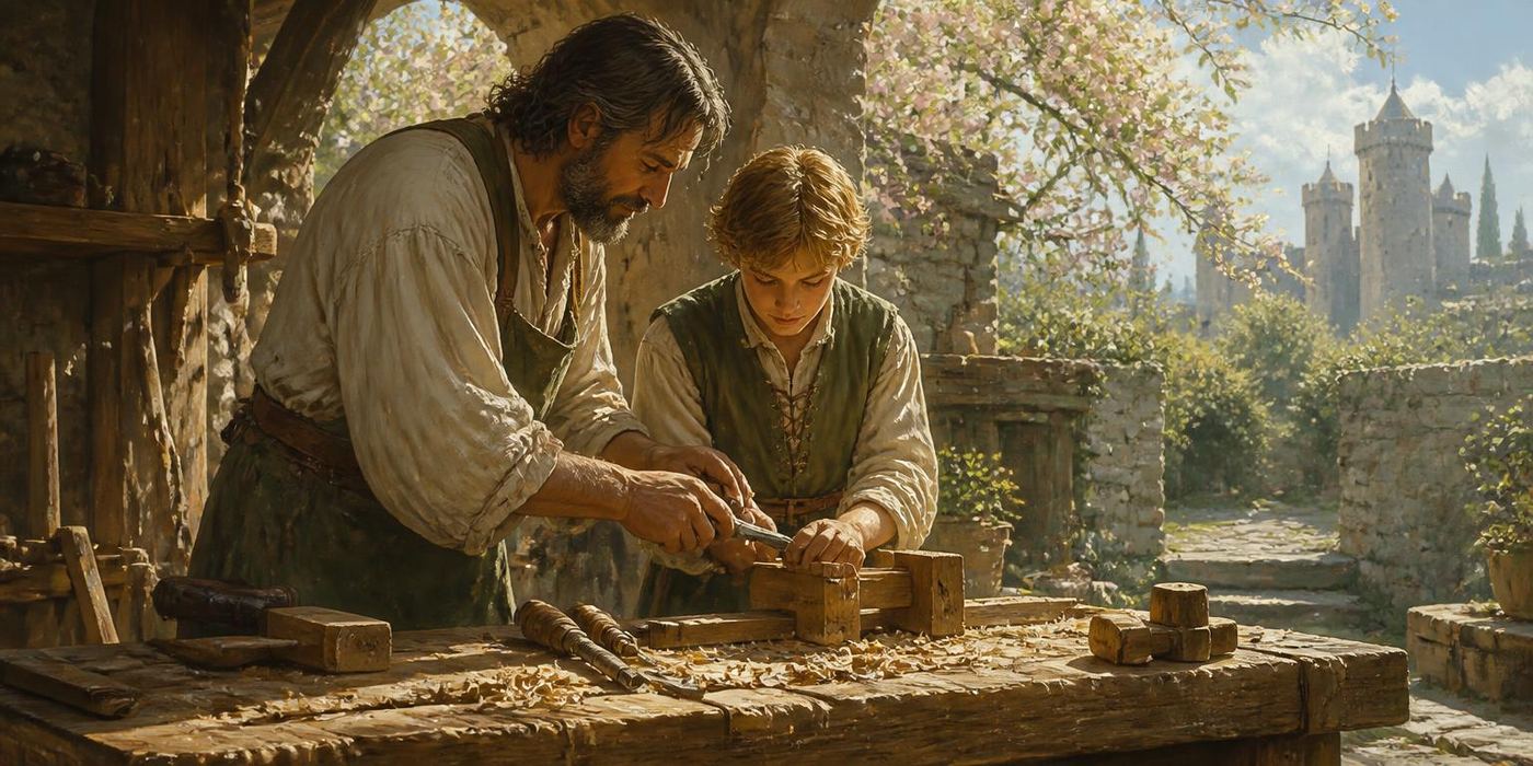 Spring Proving scene: Workshop bench, first tools handed over, spring light at door.