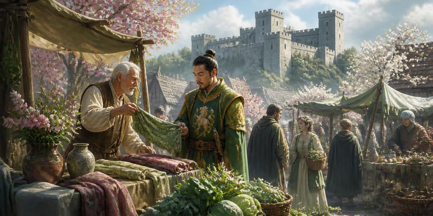 Spring Proving scene: Castle steward selecting goods from spring market baskets.