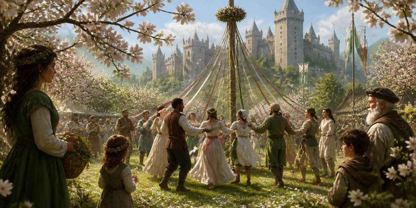 Spring Proving scene: Villagers turning in a ribboned dance on blossom-strewn green.