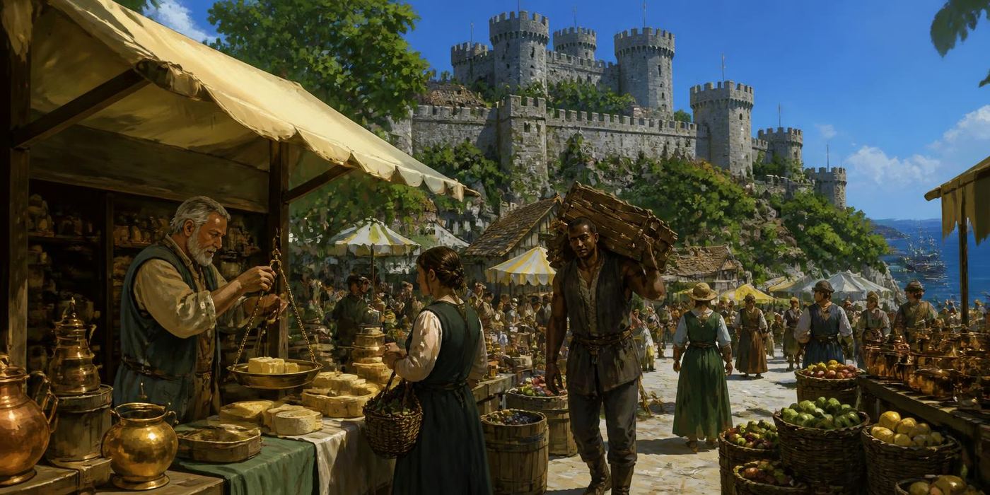 Summer Proving scene: Summer market awnings, fruit crates, castle porter with a list.
