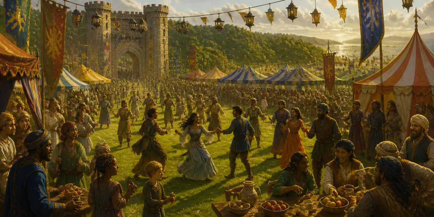 Summer Proving scene: Harbour-side summer festival, garlands and long tables.