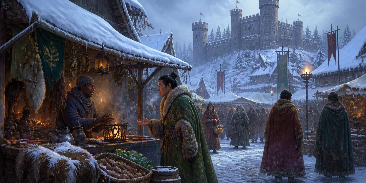 Winter Proving scene: Frosted winter market stalls, breath in the air, castle cart.