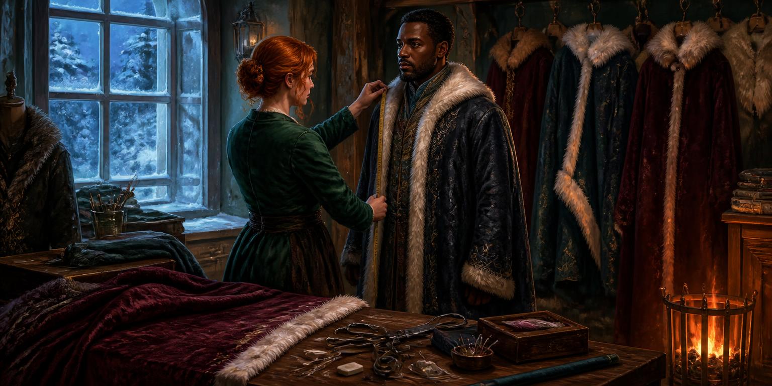 Winter Proving scene: Tailor's shop, winter cloaks, thread spools and shears.