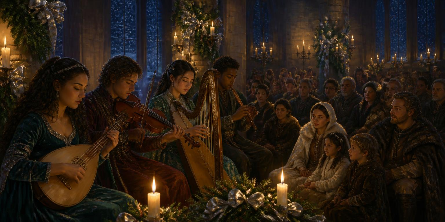 Winter Proving scene: Candlelit winter concert; strings and a small choir.