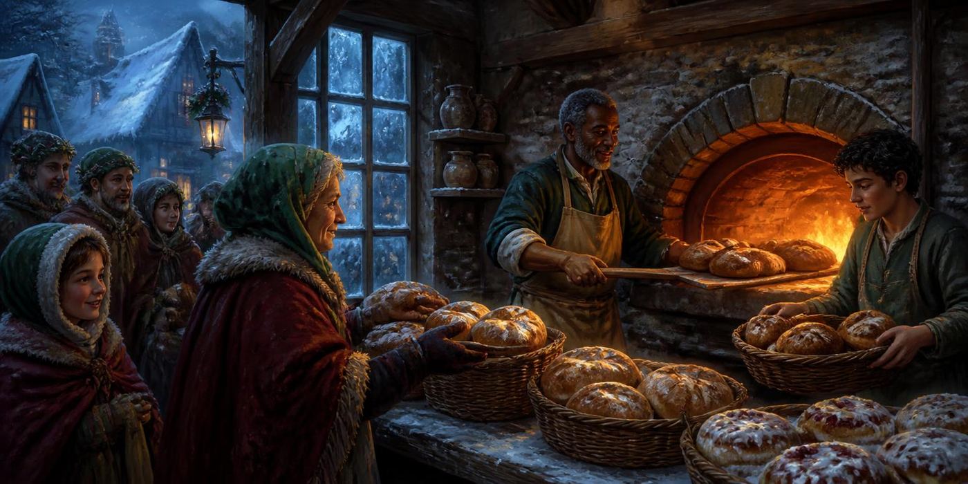 Winter Proving scene: Bakery window at dawn, warm loaves against blue snow-light.